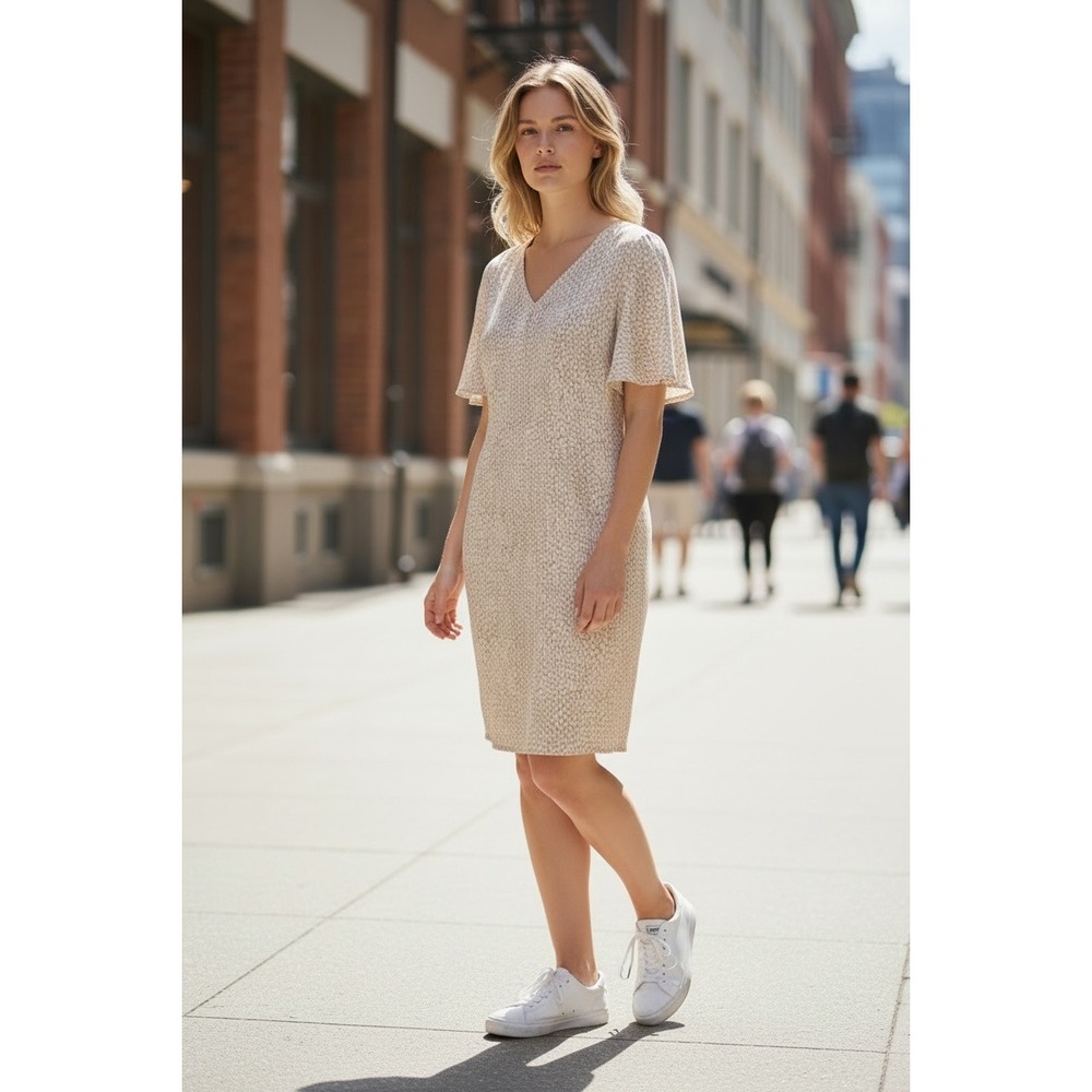 ORIGINAL Nicole Miller Women's Tan White Abstract Print Linen Blend Dress‎ M